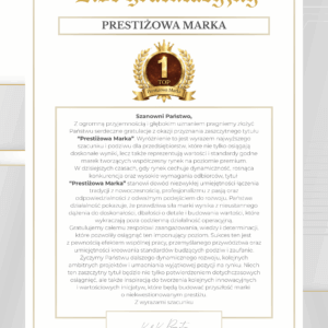 LIST GRATULACYJNY PRESTIŻOWA MARKA 2026